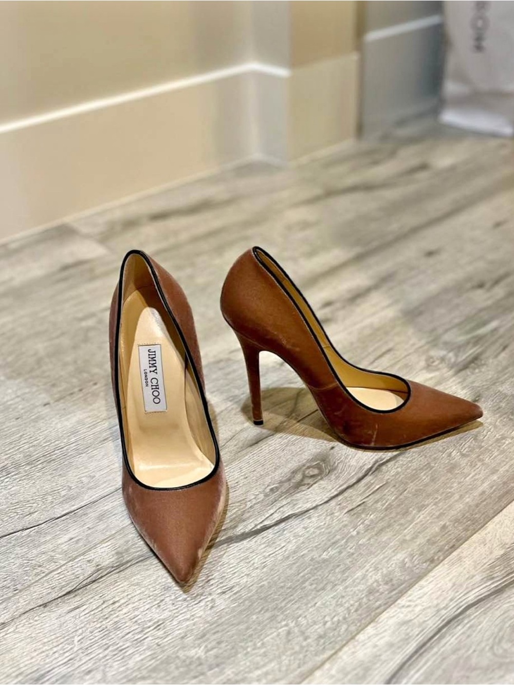 Jimmy Choo Brown Pointed Toe Stiletto Pumps with Black Trim